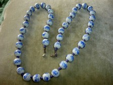 HAND MADE CERAMIC BEADED NECKLACE, BLUE WHITE/ 24"