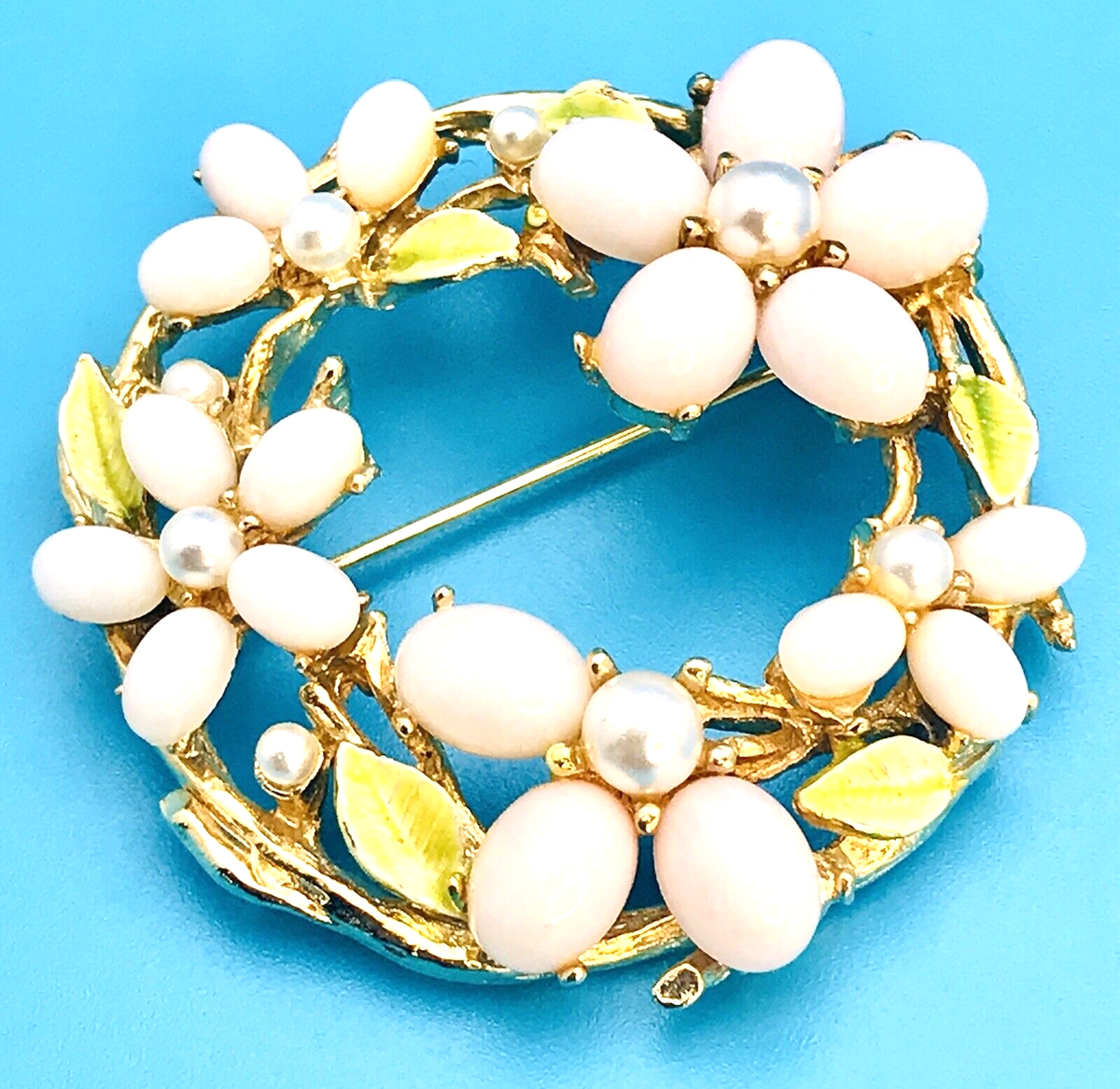 Vintage Arthur Pepper ART Brooch Pin Gold Tone Pink Stones Pearls