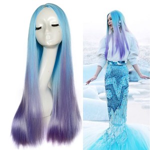 60cm Ombre Blue Purple Mermaid Wig Long Straight Hair Cosplay Full