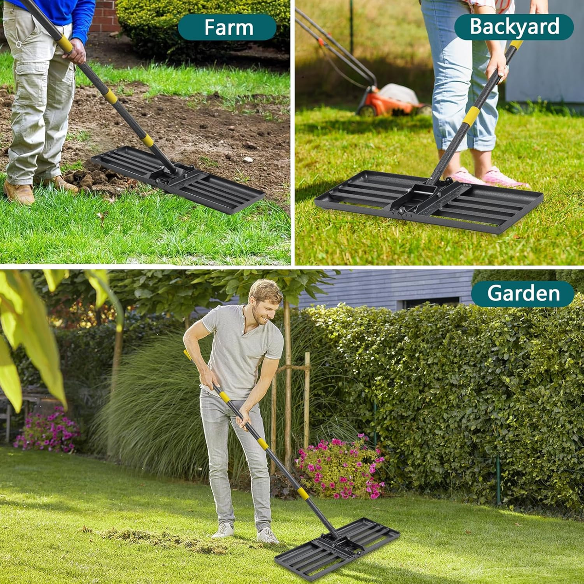 Yard Grading Rake Lawn Leveling Rake With Tines - 42 Inch Leveling Tool  With 7FT Handle, Heavy Duty Soil Leveler For Garden, Farm, And Yard  Maintenance 42 Inch Soil Leveling Tool With Tines, image size:1200x1200