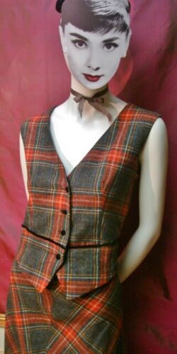 Vintage Red Gray & Black Plaid Wool Skirt & Vest~S