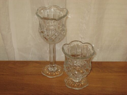 2 STEMMED T-LITE HOLDERS GRADUATED HEIGHT GLASS W/ OUTSIDE DESIGN - Photo 1/3
