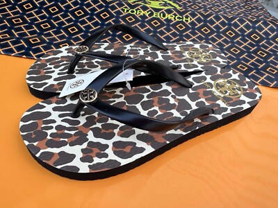 NWT Tory Burch Animal Leopard Print Flip Flop Sandals PVC/EVA Gold
