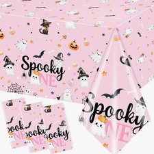Spooky One Birthday Decorations Girl, 3PCS Pink Halloween Tablecloth Spooky O...