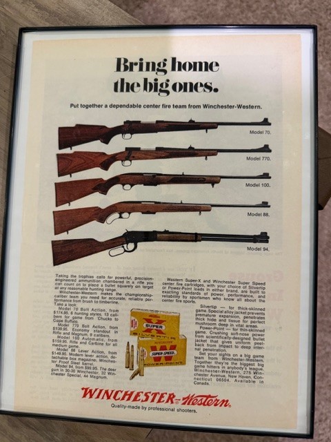 9x12" framed winchester rifle add with 5 of its most popular rifles from the 50s