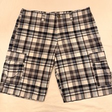 Eddie Bauer Men's 36 Plaid Cargo Shorts 100% Cotton Blue Gray Preppy Chic Vibe