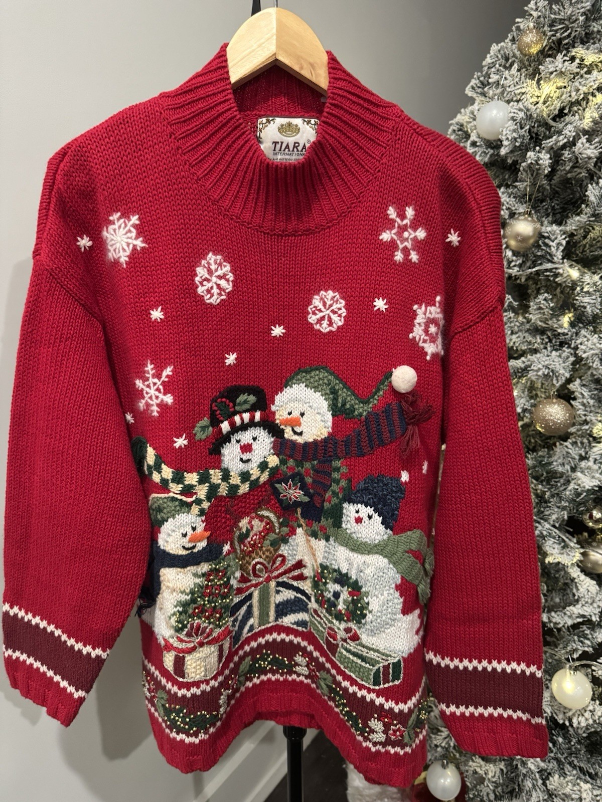 Cardigan Moche De Noël Tiara International - Modèle Bonhomme De Neige Rouge Taille L - Occasion En Très Bon état