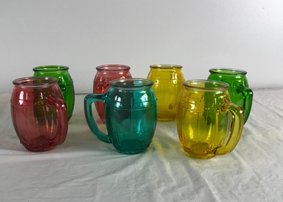 #ad Set of 7 Glass Barrel Beer Coffee Mugs Multi Colors Teal Green Yellow Red $24.99
