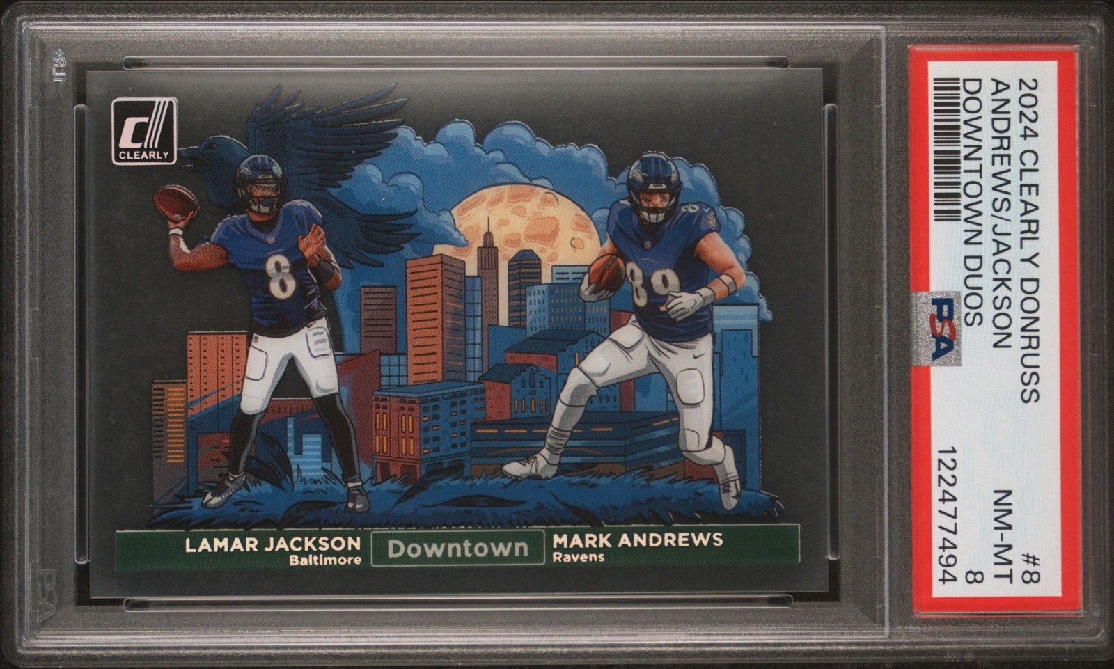 2024 PANINI CLEARLY DONRUSS DOWNTOWN DUOS LAMAR JACKSON MARK ANDREWS #8 PSA 8