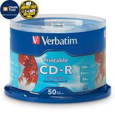 Verbatim CD-R 700MB 52X Silver Inkjet Printable Discs, 50 Pack 50pk,