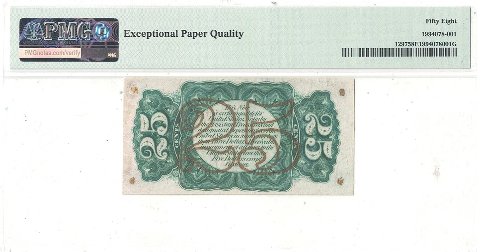 25 Cent 3rd Issue Fractional Currency Fr-1297 PMG AU-58 EPQ - Image 3 of 3