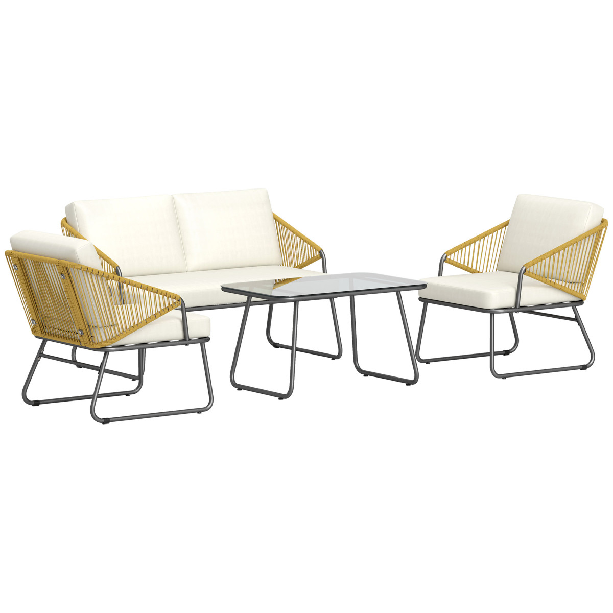 Outsunny 4 Piece Rattan Garden Furniture Set with Cushions - Natural