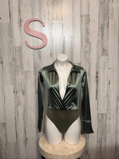 Fashion Nova Satin Deep V Bodysuit Long Sleeve Green Size S