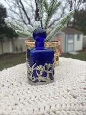 Vintage Cobalt Blue Silver Tone Vine Decorative Glass Perfume Bottle 4.5”