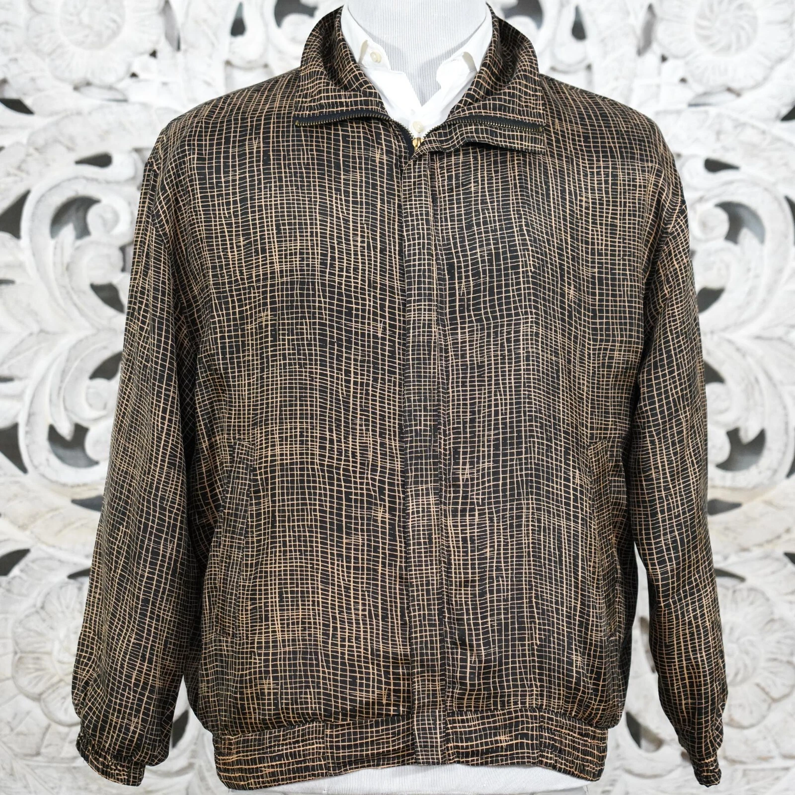 Vintage CoAco Unisex Silk Jacket Size M Black & Gold Organic Pattern 1980s-90s