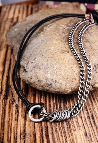 JN246 Negro Cuero Genuino y Aleación Sólida Cadena de Metal Collar Largo Para Hombre Roca - Imagen 7 de 7