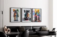 Set of 3 Splattered Paint Kaws Art piece canvas wall home decor Portrait Gallery