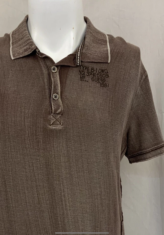 Guess Polo Shirt L Men Brown 100% Cotton Distressed Worn Once YGI Q1-59 - Image 3 of 4