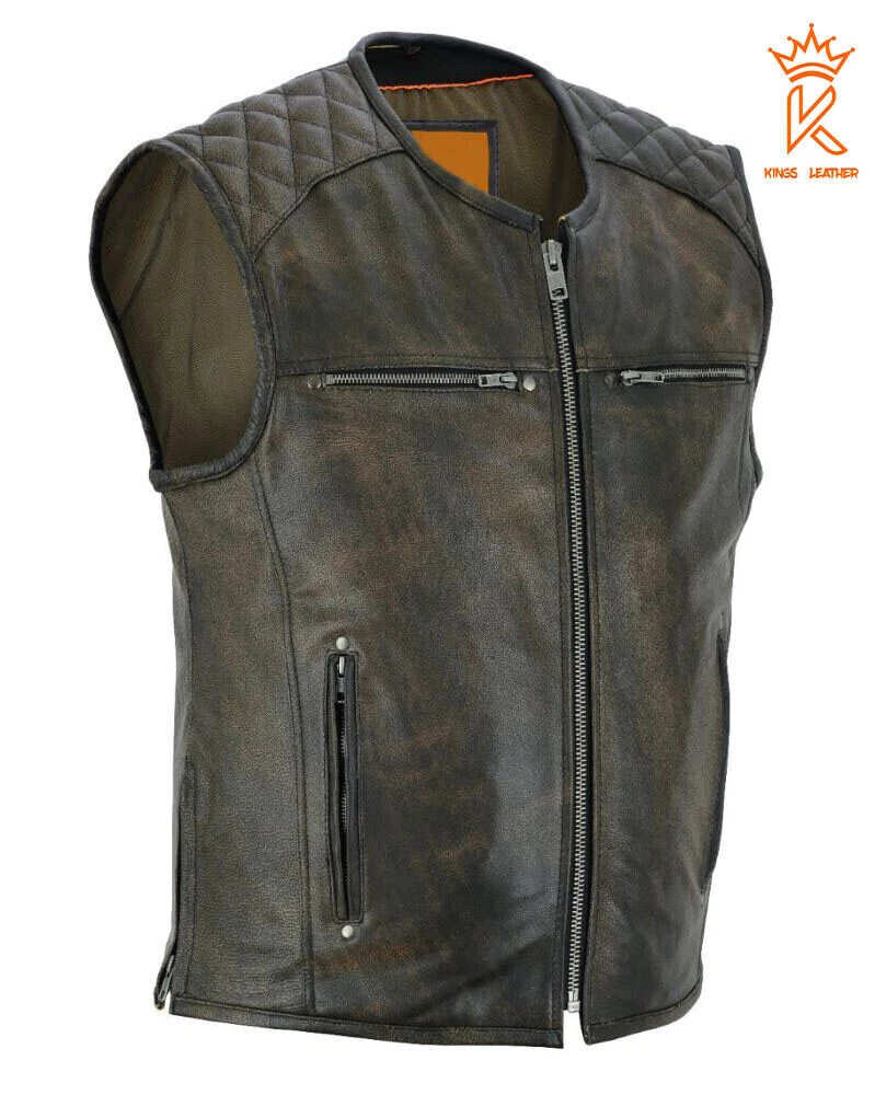 Retro Brown Leather Motorcycle Vest Padded Shoulders Side Zipper Bike Waistcoat