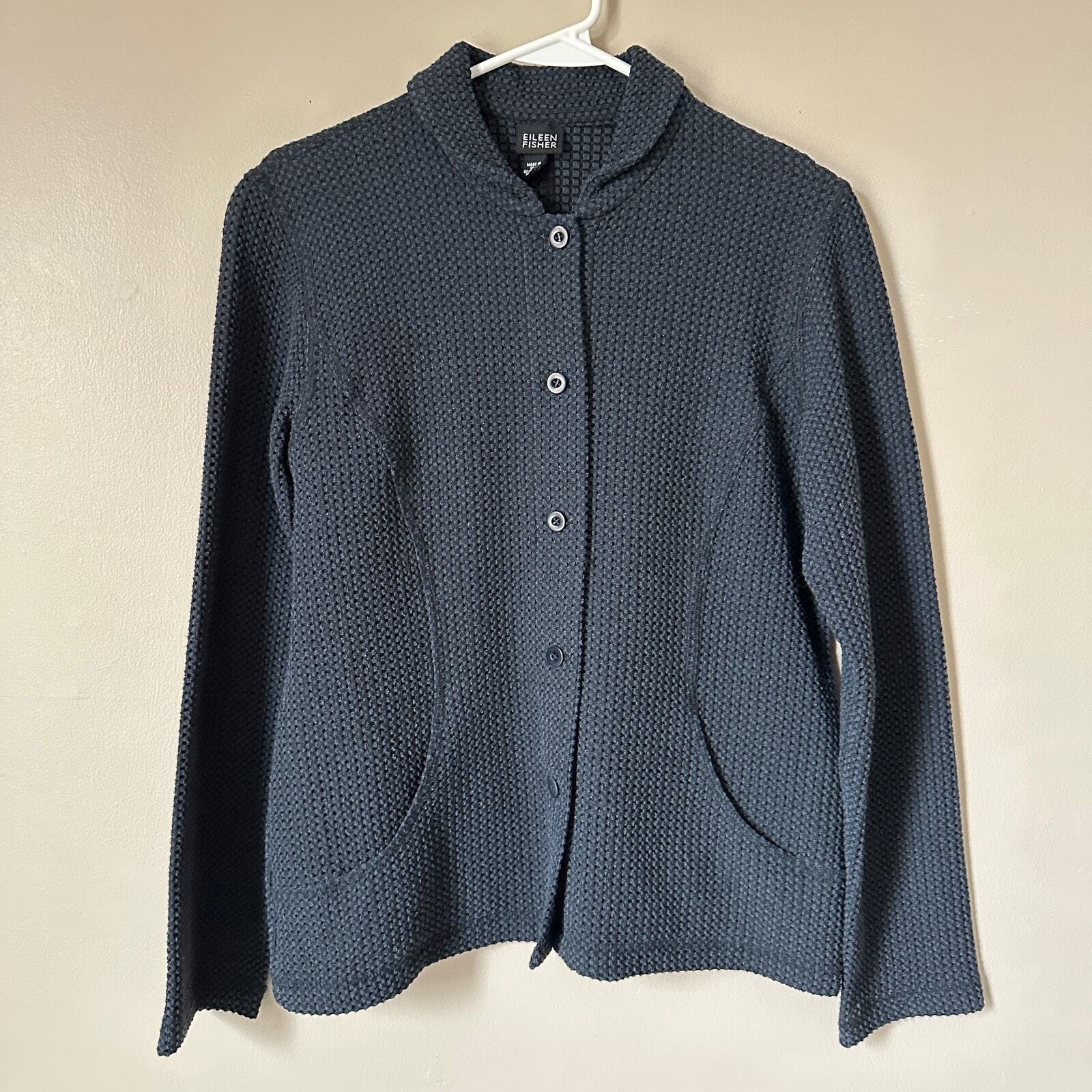 Eileen Fisher Jacket Womens SMALL Waffle Knit Button Front Career Workwear Black