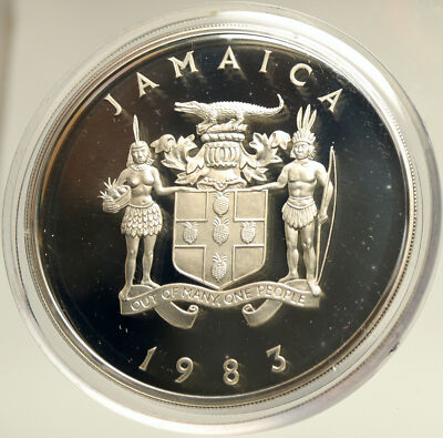 1983 JAMAICA Elizabeth II Prince Philip VISIT Old Proof Silver $25