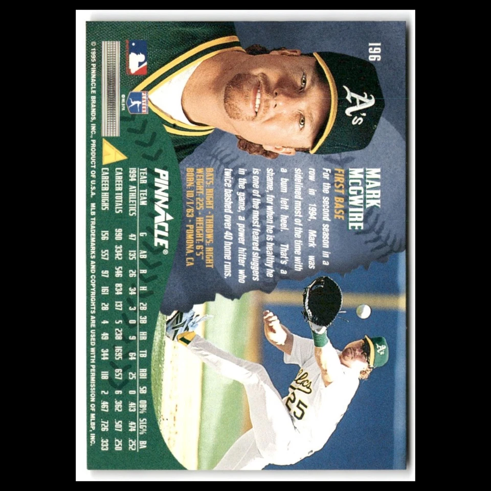 Mark McGwire #196 1995 Pinnacle Oakland Athletics Baseball Card MLB NM - Image 2 of 3