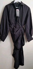Pretty Little Thing Black Asymmetric Ruched Shirt Midi Dress UK4 EU32 US0