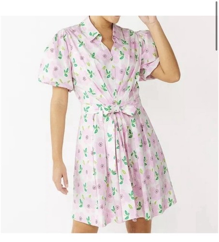Draper James RSVP Puff Sleeve Shirt Dress Pink Floral Size Large L Tie Waist