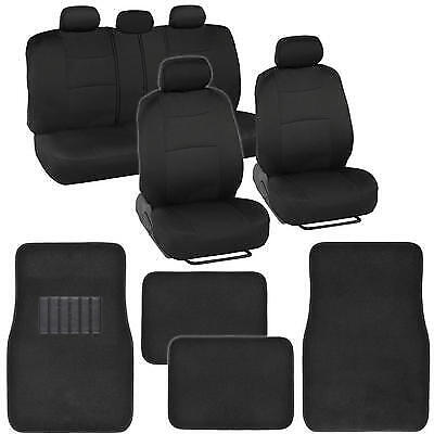 9 Piece Solid Black Seat Covers Set Split Bench and 4 Piece Black Floor Mat