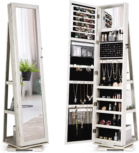 360° Swivel Jewelry Armoire with Higher Full Length Mirror & inside Makeup Mirro