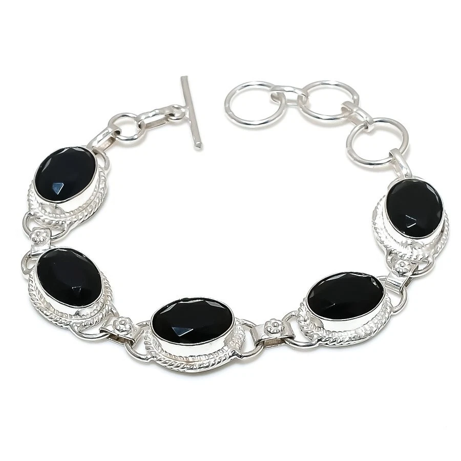 VALENTINO Bracciale gioiello in argento sterling 925 fatto a mano con pietre preziose spinello nero misura 7 8"