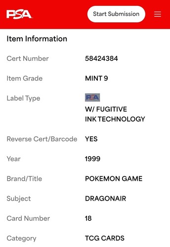 1999 Pokémon DRAGONAIR PSA 9 PERFECT CENTERING - FRESH SLAB - Picture 3 of 3