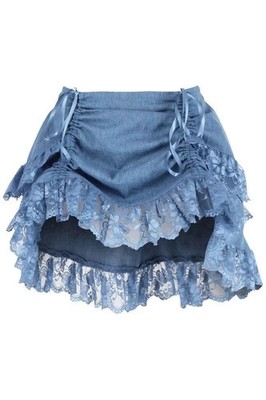 Blue Denim Ruched Bustle Mini Skirt w/ Lace Cowgirl Southwestern Burlesque Pinup
