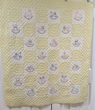 Vtg Hand Quilted Baby Crib Quilt W/Hand Embroidered Animal Squares 39 X 46