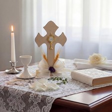 12 PCS First Communion Centerpiece Wood Holy Table Decor Catholic Gold Ribbon