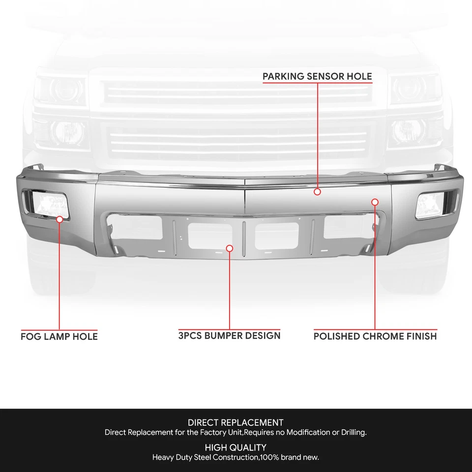 For 14-15 Chevy Silverado 1500 Chrome Front Bumper Face Bar w/ Fog Light Holes - Изображение 2 из 4