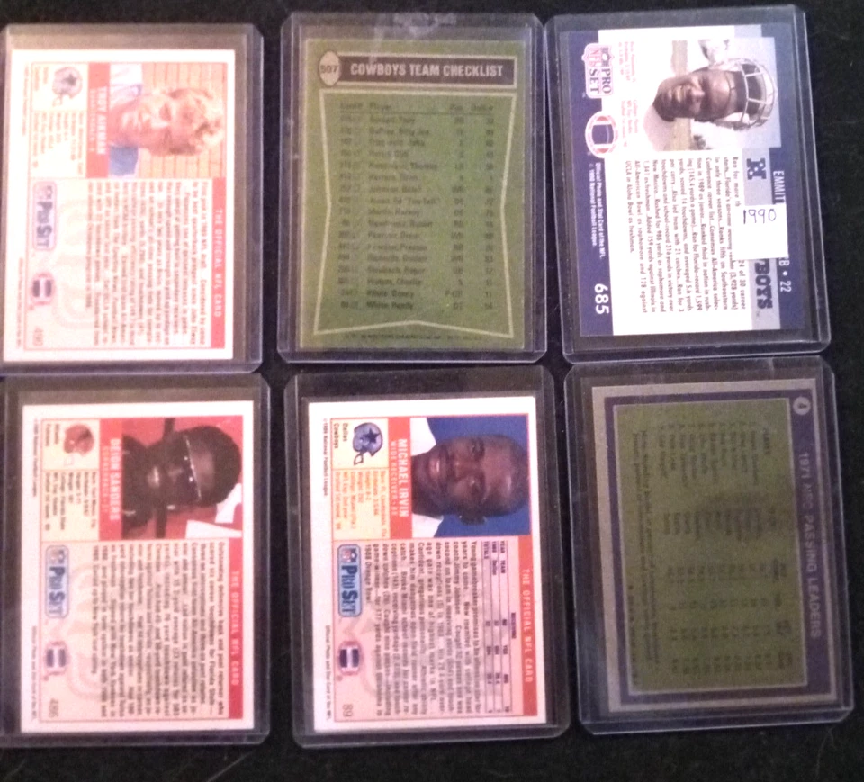 Lote de 6 tarjetas de novato vintage de los Dallas Cowboys 1971-1991 Staubach Aikman Deion Dorsett Foto 3 de 4