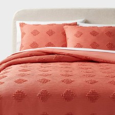 Full/Queen Tufted Diamond Crinkle Duvet Cover and Sham Set Melon Pink -