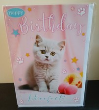 CUTE CAT FEMALE MALE BIRTHDAY CARD 7"X5" FLUFFY WHITE KITTEN FREE P&P