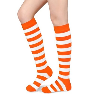 Knee High Socks for Women Knee Socks Tube Socks One Size Orange White Stripes
