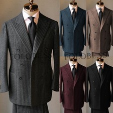 Wool Striped Men's Suits 2PCS Business Jacket Wide Peak Lapel Formal Tuxedos