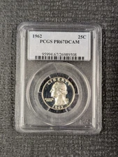 1962 PR 67 DCAM (Proof 67 Deep Cameo) Washington Quarter PCGS  90% Silver