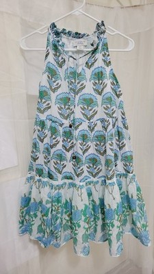 Calypso St Barth Women 100% Cotton Floral Tiered Maxi Dress White Blue Green S 