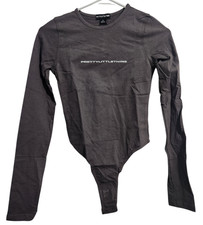 PrettyLittleThing Womens S Thong Bodysuit Logo Print Long Sleeve Gray