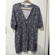 Warehouse Navy White Print V Neck Dress Size 8 Work Casual