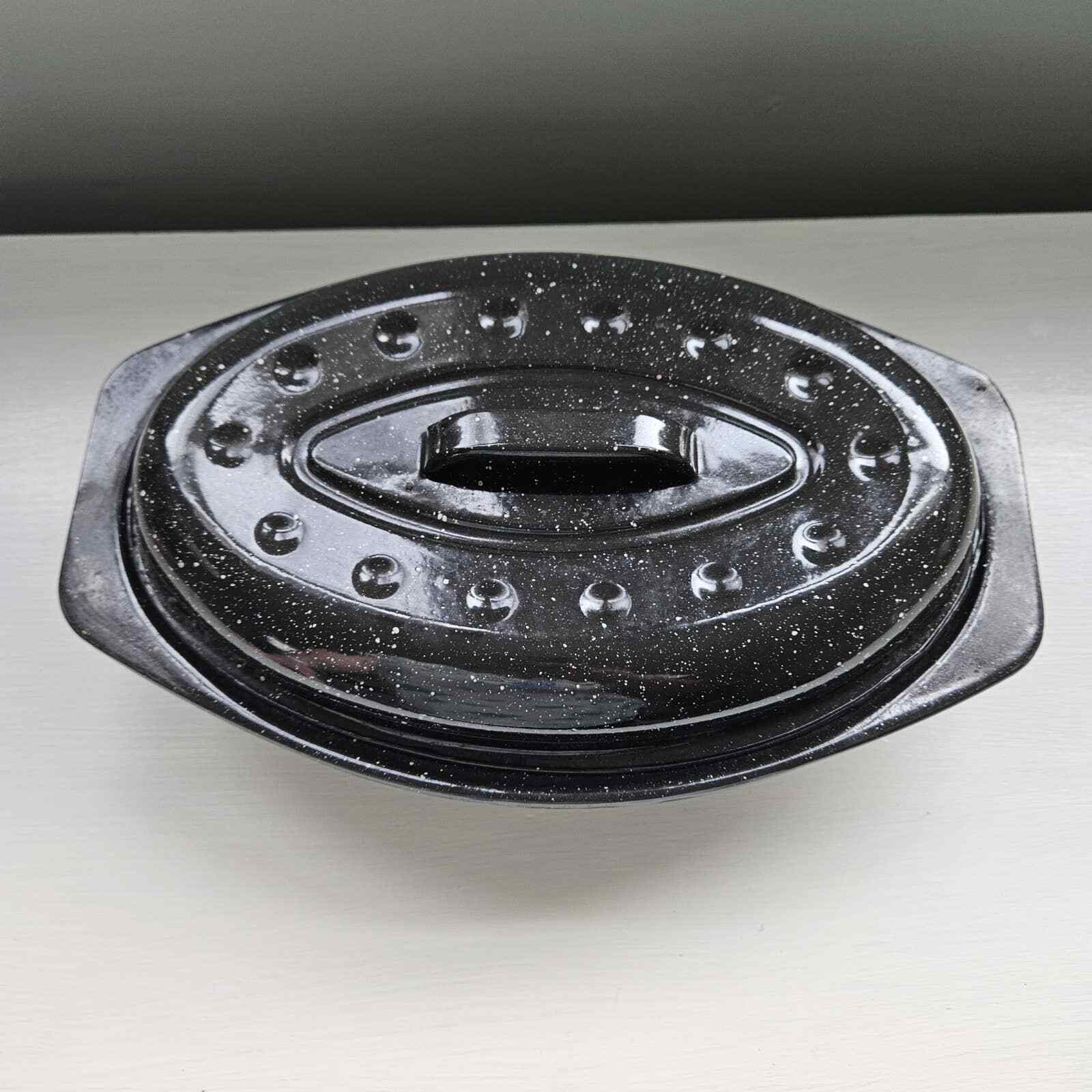 Vintage Black Roaster Pan Speckled Enamel Granite Ware Roasting Pan
