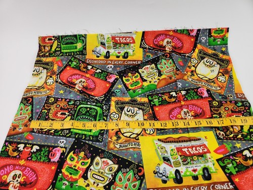 Jorge Gutierrez Fabric Lot Food Truck Skulls Day of the Dead Art Luchadora Beans - Picture 4 of 12