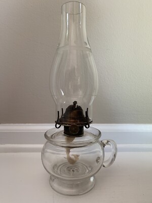 Antique P&A Risdon Glass Finger Oil Lamp w/ Etched Glass Chimney 12  Farmhouse