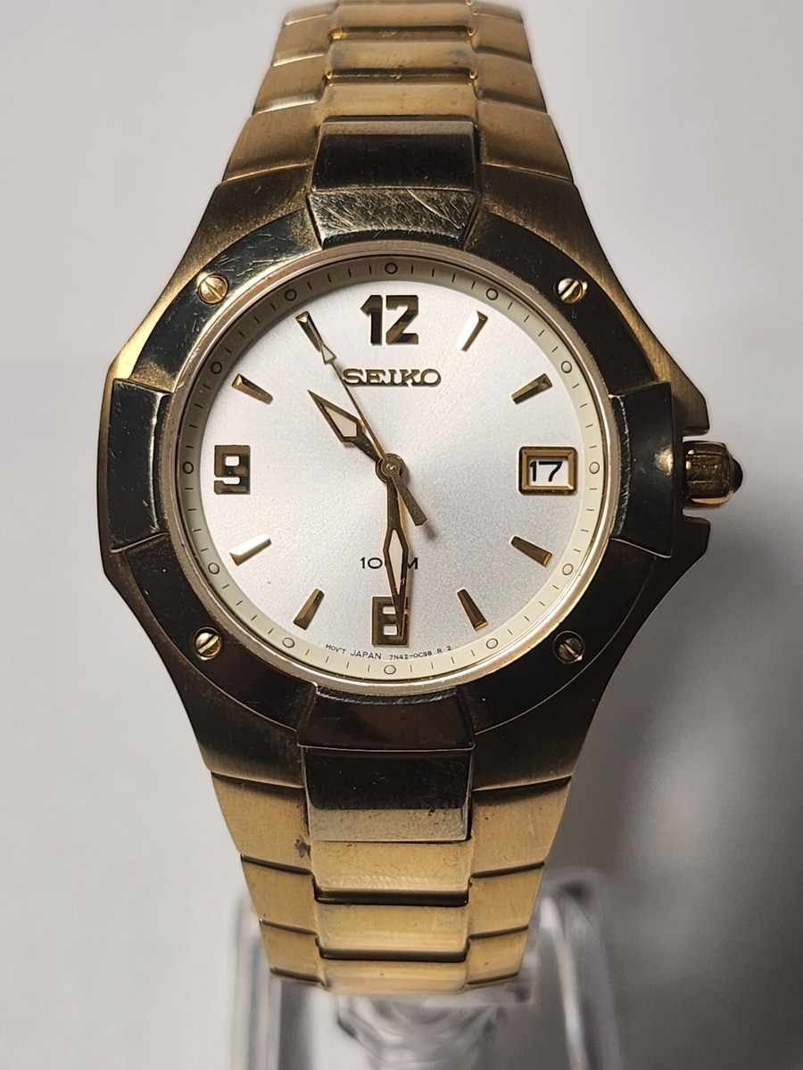 Seiko Gold Tone Sapphire Crystal Vintage Watch 7N42-0BL0 New