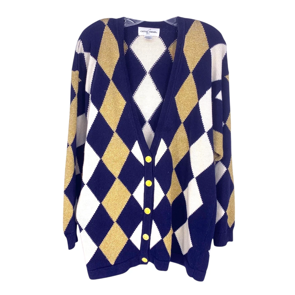 复古 20 世纪 80 年代休闲角落 L 码钻石 Argyle Intarsia 针织开衫毛衣 — 第 2/4 张图片